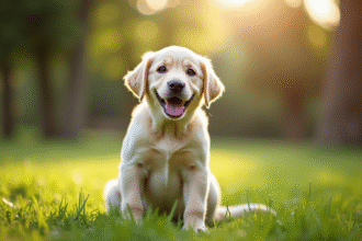 Chiot labrador dans un parc ensoleille avec herbe verte