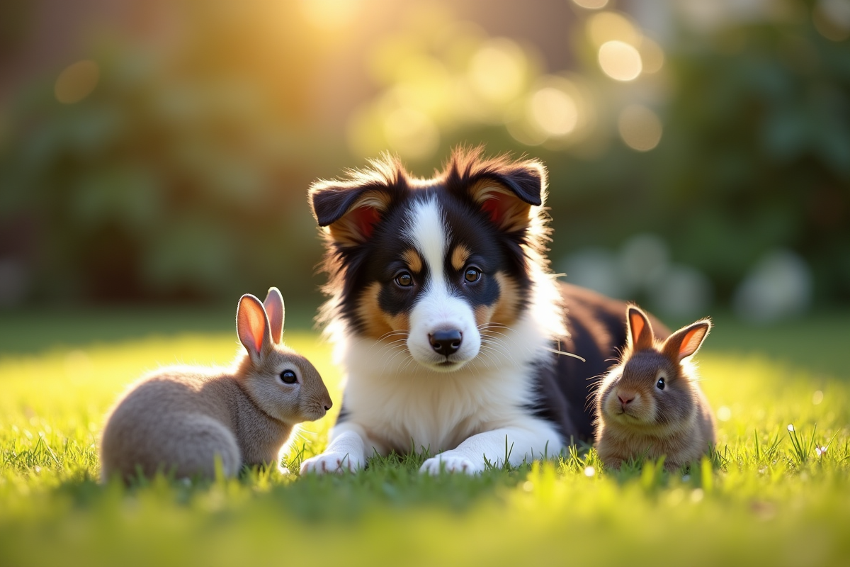Chiot border collie reposant avec lapin et cochons dinde dans le jardin