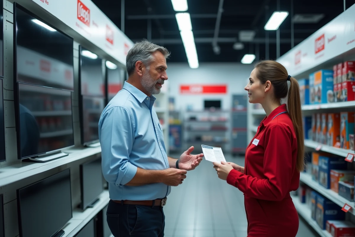 Client discutant avec un employé de magasin Darty pour retrouver le numéro du SAV en magasin