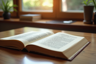 Livre de code civil français ouvert sur un bureau lumineux