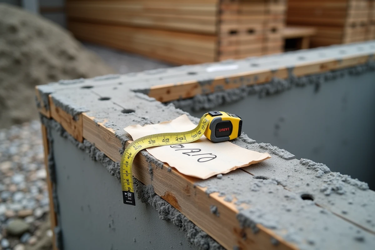Gros plan sur un coffrage en bois rempli de béton frais avec note de calcul de volume sur chantier maison