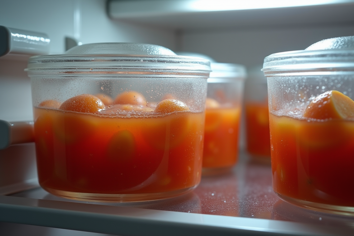 Petites portions de compote en conserve dans le frigo
