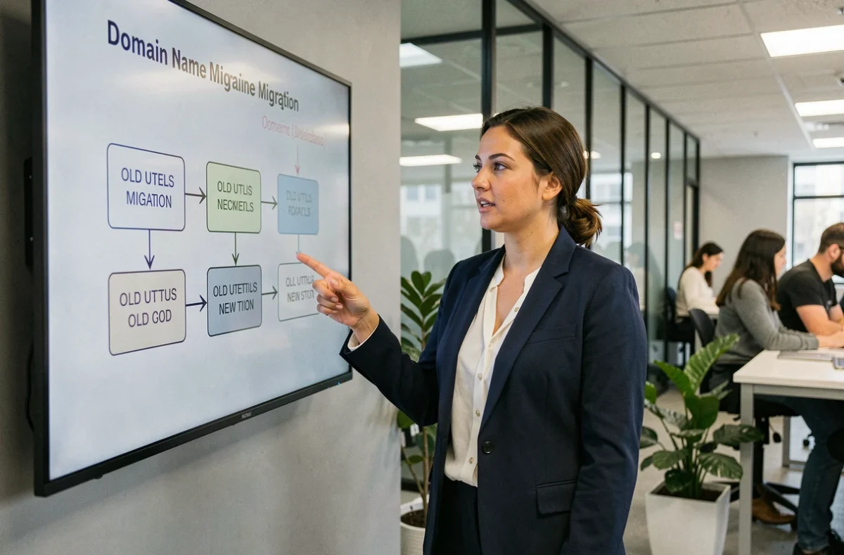 Consultante présentant un diagramme de migration de nom de domaine devant un écran dans un espace de coworking moderne