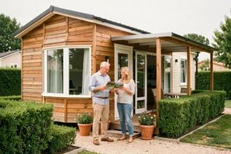 Couple examinant les plans d'un mobil-home moderne dans un parc résidentiel, façade en bois avec grande baie vitrée et terrasse couverte