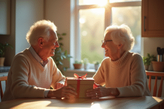 Couple agee échangeant des cadeaux d anniversaire dans la cuisine