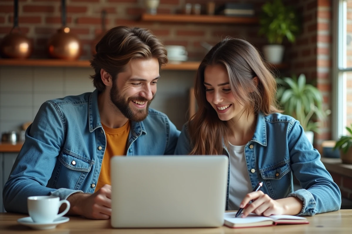 Couple comparant des produits en ligne sur un ordinateur portable dans une cuisine urbaine conviviale