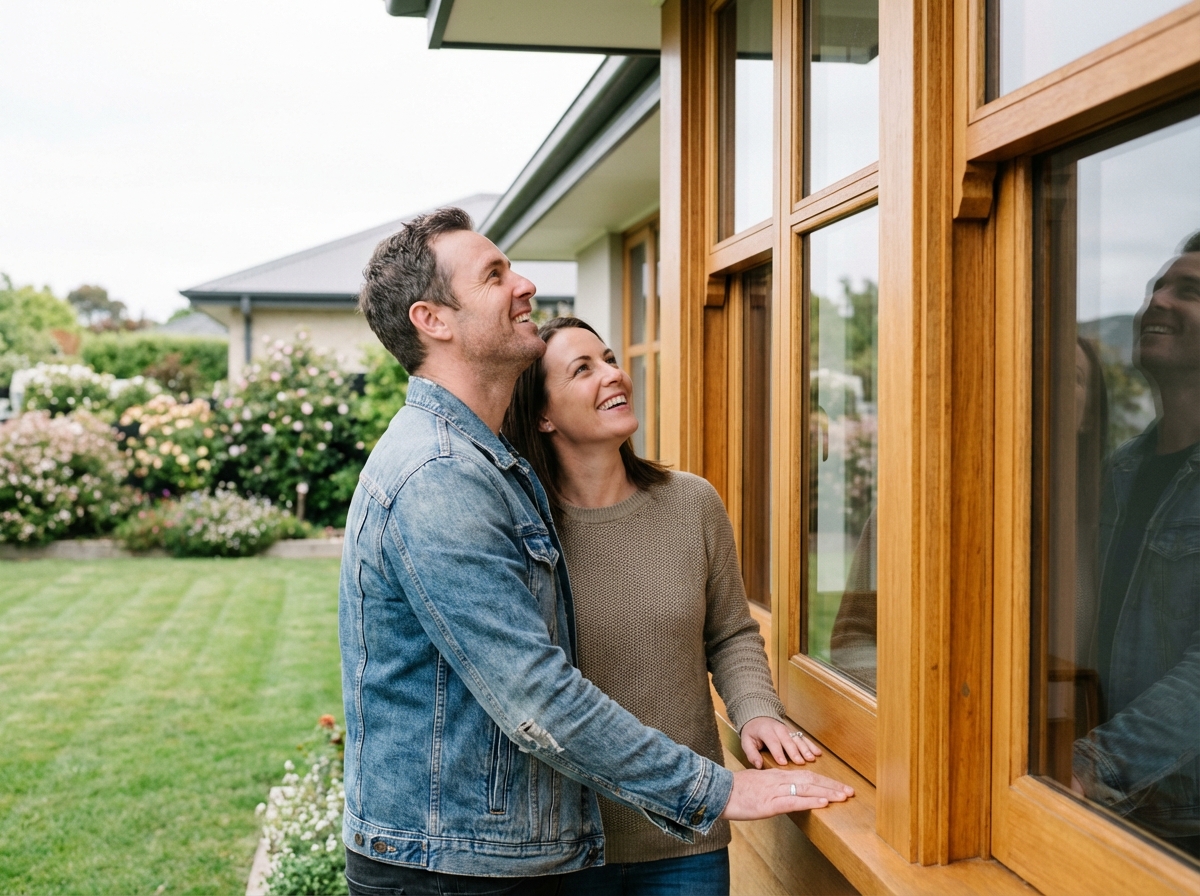 Couple souriant admirant des fenêtres en bois dans leur maison