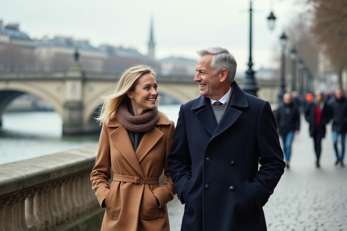 Couple marchant en conversation le long des quais de la Seine à Paris, reportage journalistique sur une relation publique sous l'œil des médias
