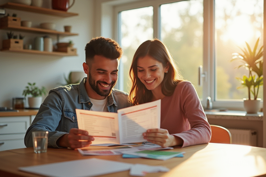 Jeune couple souriant vérifiant documents de réservation Airbnb