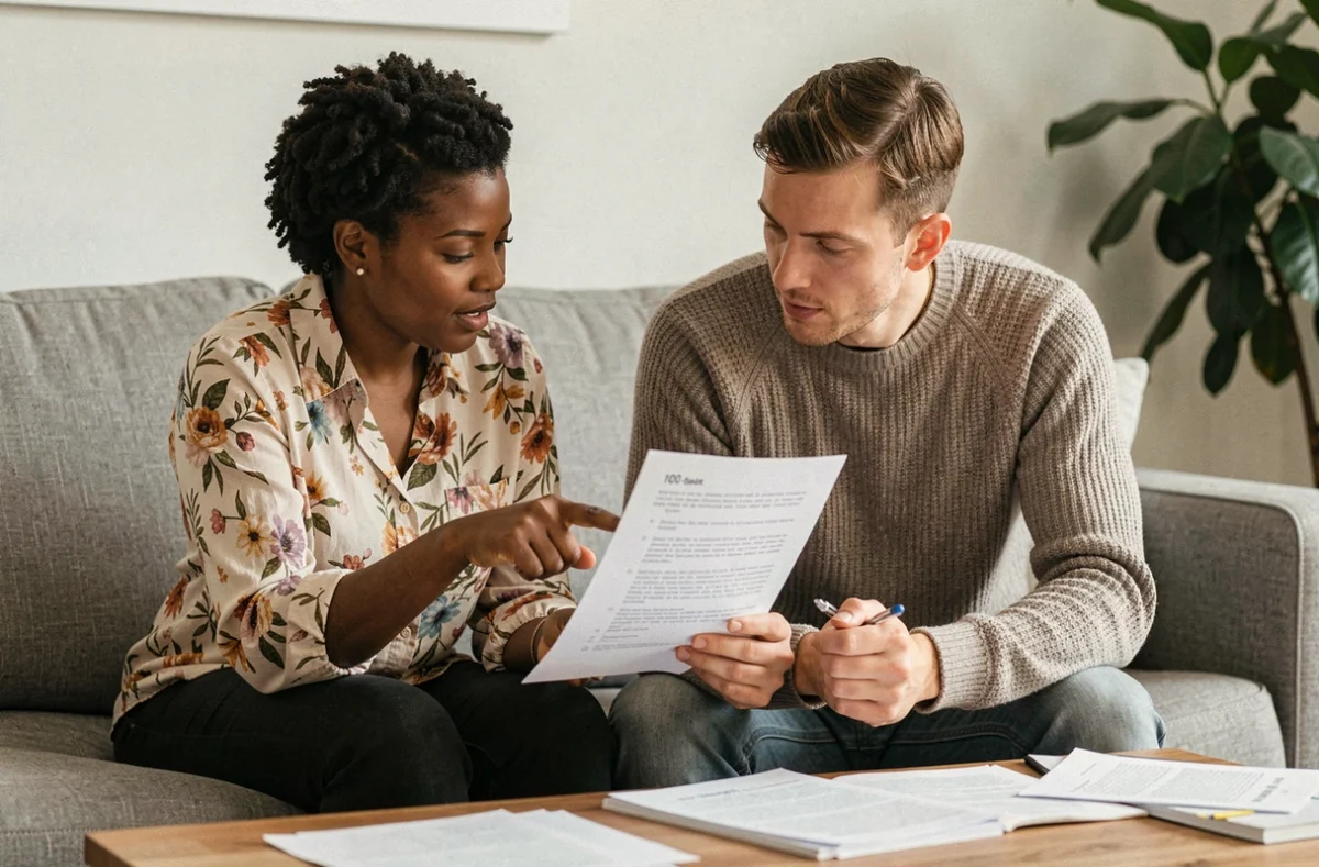 Couple préparant ensemble l'entretien de naturalisation en révisant un document de 100 questions réponses