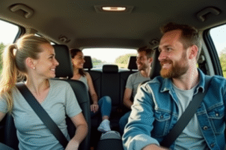 Scène de covoiturage dans une voiture moderne avec quatre adultes