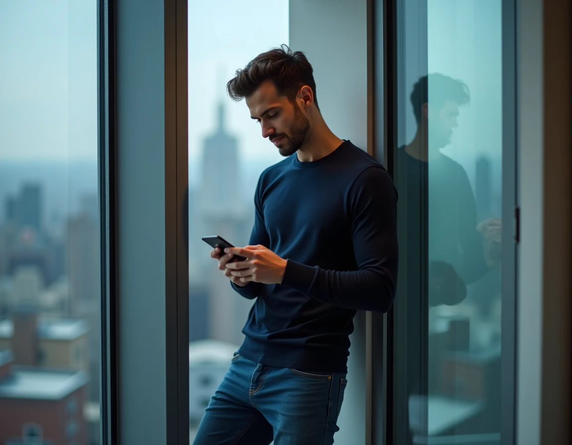 Créateur de contenu masculin analysant la croissance de ses abonnés TikTok depuis son appartement urbain