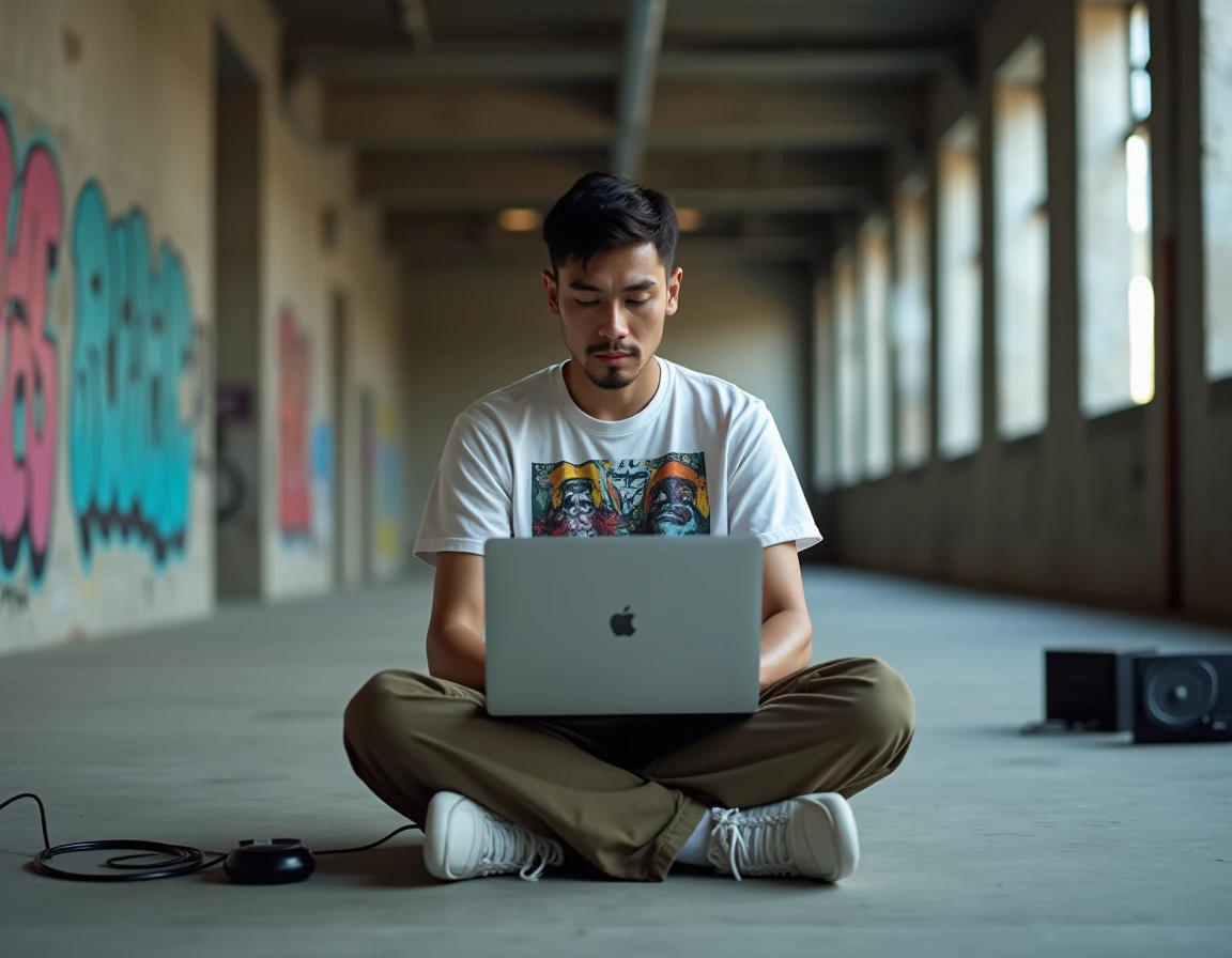 Créateur de contenu musical bloguant dans un loft industriel urbain sur la culture électronique