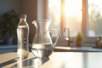 Plan de travail moderne avec un verre doseur précis rempli à 80cl