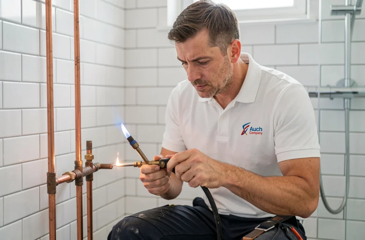 Cyril Capitaine, plombier à Auch, soudant des raccords en cuivre dans une salle de bain rénovée