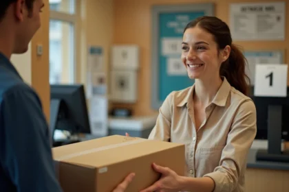 Femme déposant un colis Chronopost au guichet d'un bureau de poste en France