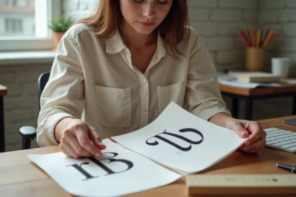 Designer comparant des polices serif et sans serif sur des planches typographiques imprimées dans un atelier créatif