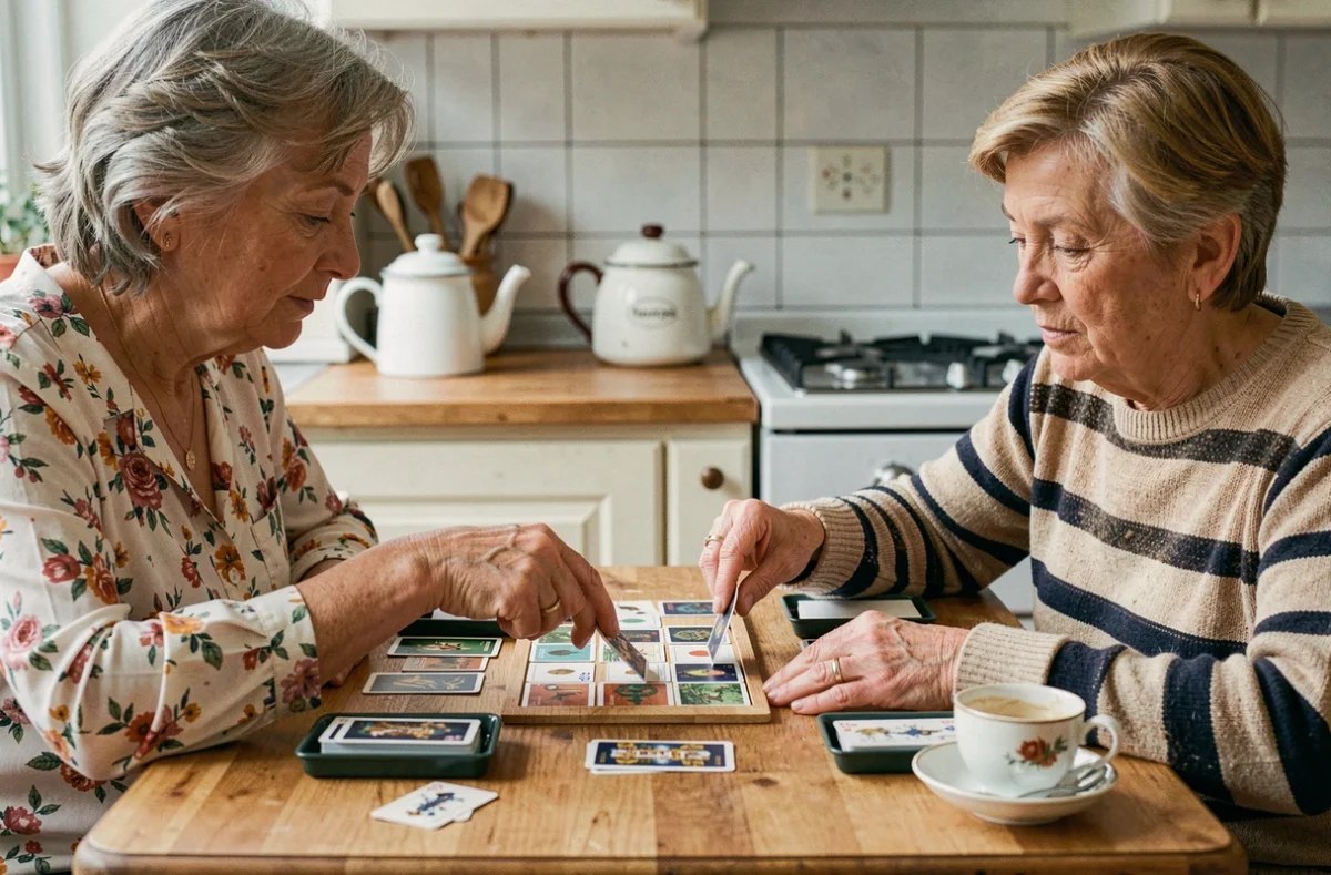 Deux femmes jouant à la crapette face à face dans une cuisine avec cartes disposées sur la table et ambiance intimiste