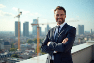 Développeur immobilier confiant sur un toit avec vue sur la ville
