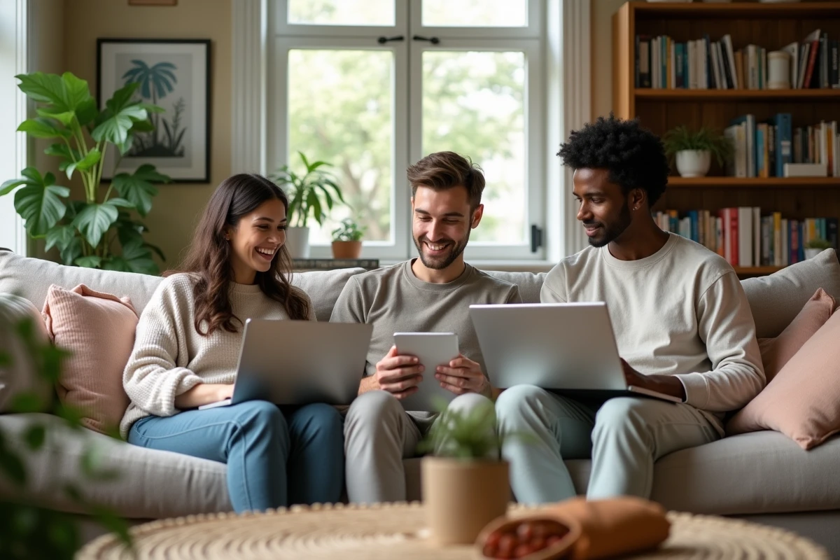Groupe en discussion dans un salon lumineux et cosy