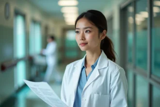 Docteure en blouse blanche dans un couloir d'hôpital tenant un dossier médical, regard analytique et posture réfléchie