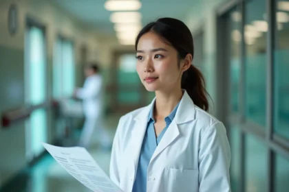 Docteure en blouse blanche dans un couloir d'hôpital tenant un dossier médical, regard analytique et posture réfléchie
