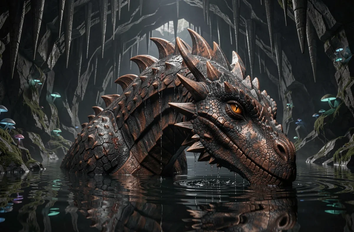 Dragon écailleux aux yeux ambrés émergeant d'un lac souterrain dans une caverne sombre, illustration épique de fanfiction Harry Potter et le Dragon