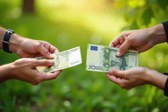 Mains échangeant des billets de dollar et euro illustrant l'inflation