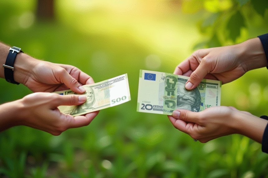 Mains échangeant des billets de dollar et euro illustrant l'inflation