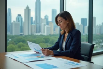 Économiste analysant des indicateurs de développement humain et PIB dans un bureau gouvernemental moderne face à une skyline urbaine