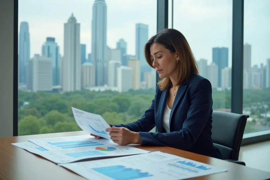 Économiste analysant des indicateurs de développement humain et PIB dans un bureau gouvernemental moderne face à une skyline urbaine