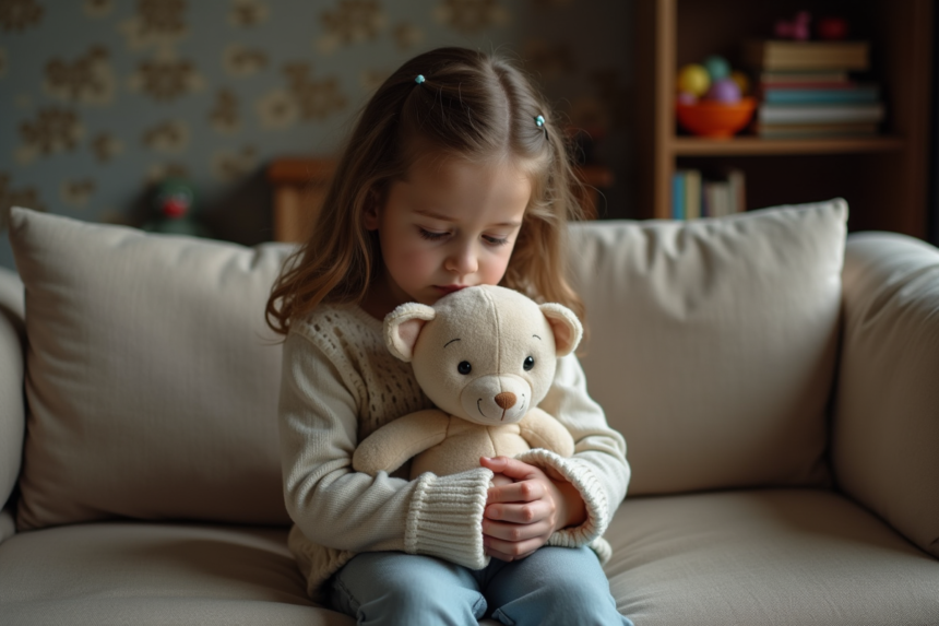 Petite fille assise seule sur un canapé en famille