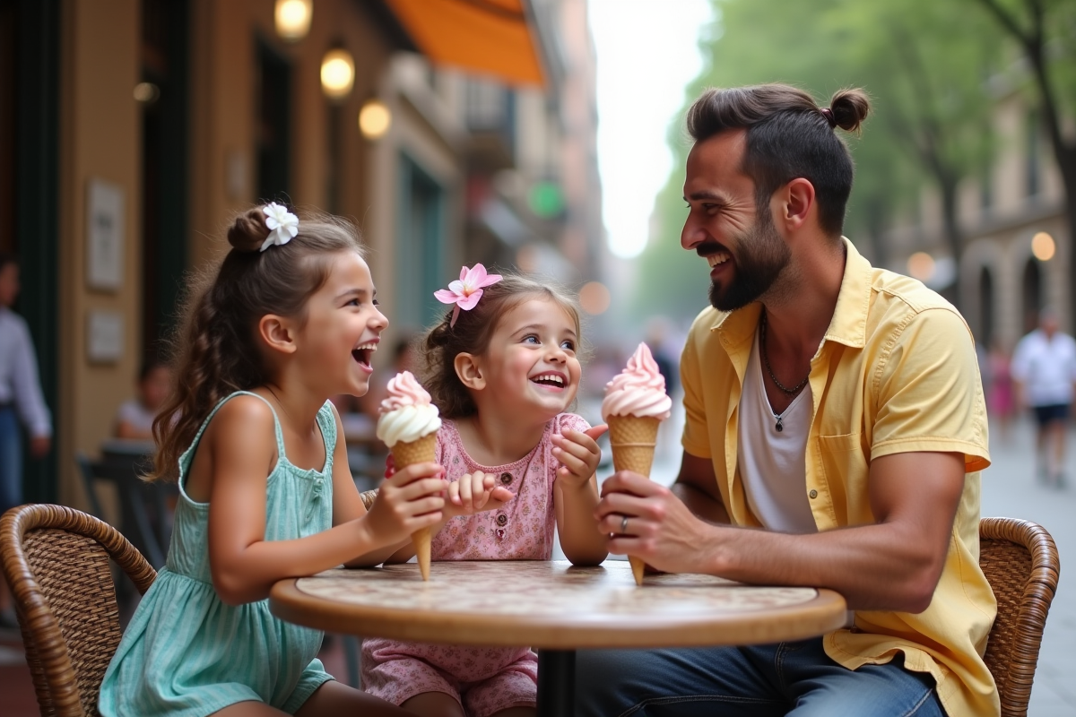 Enfants riant avec des glaces dans un café à Barcelone