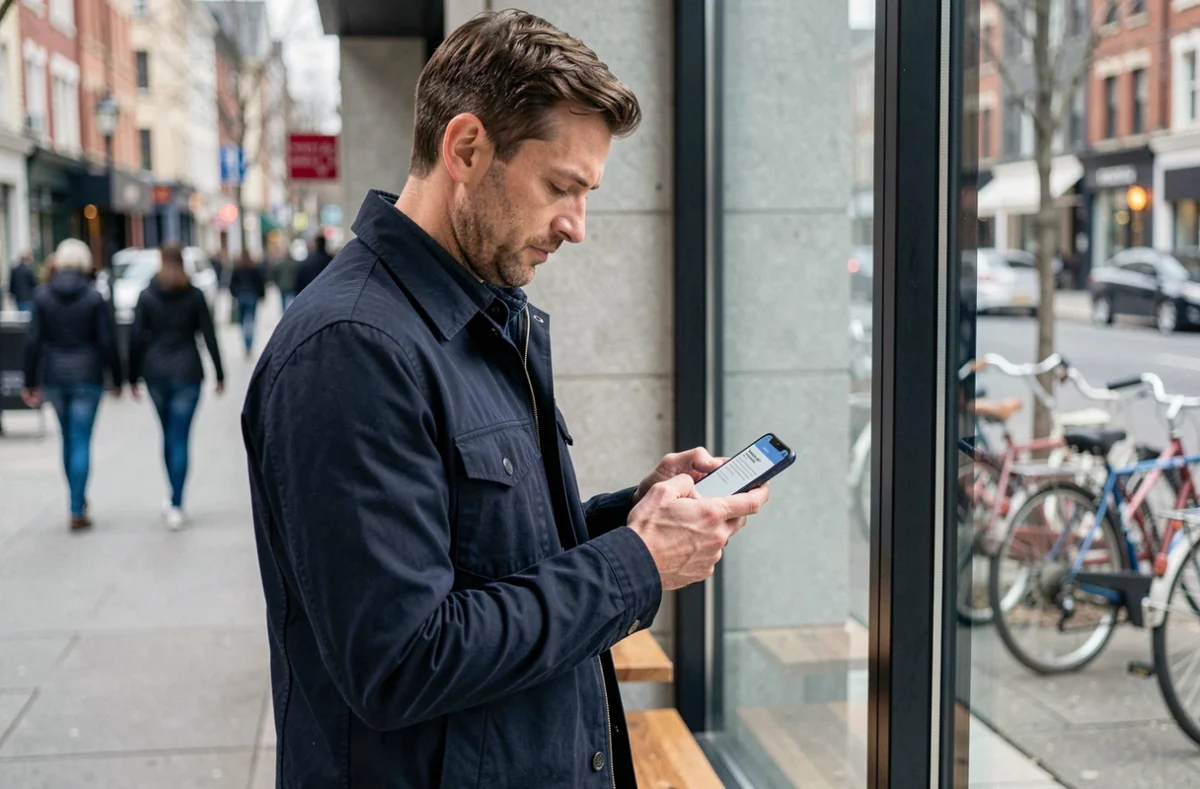 Homme envoyant un message anonyme depuis son smartphone dans un café urbain
