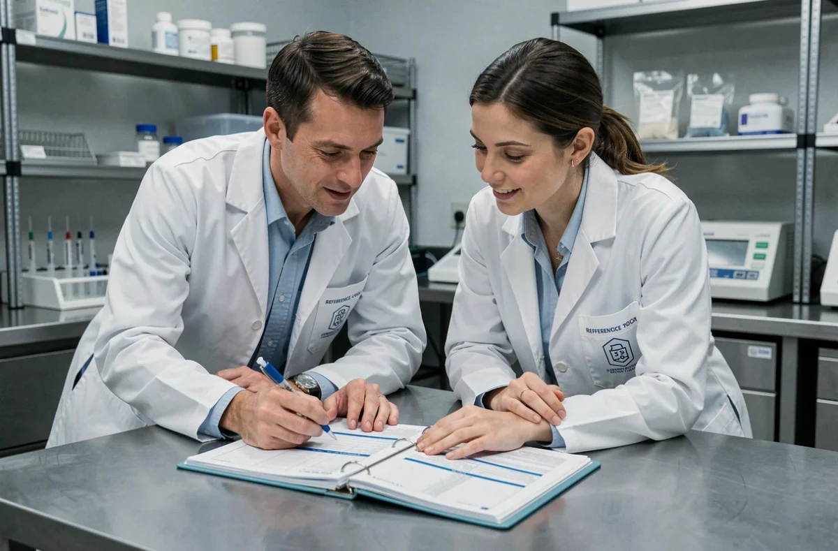 Deux pharmaciens ARC collaborant sur une liste de contrôle médicamenteuse dans une salle de préparation hospitalière
