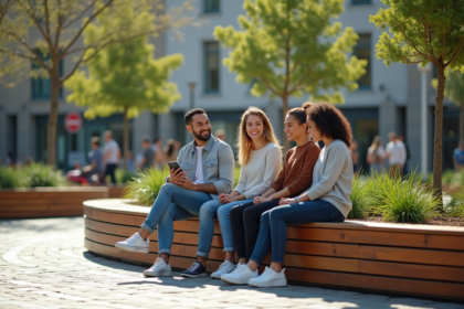 Groupe diversifié sur un banc public dans un espace urbain