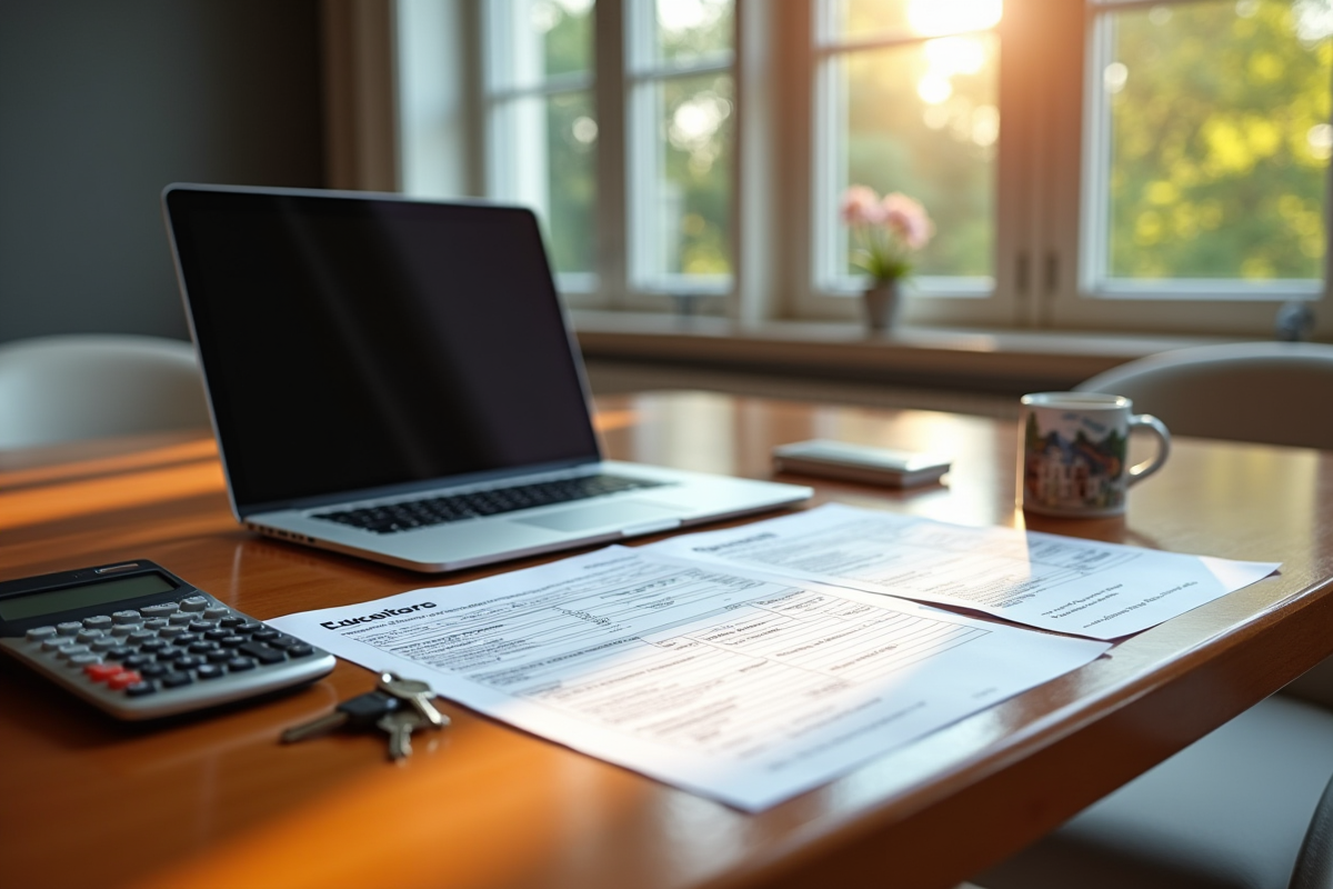 Espace de travail élégant avec ordinateur et clés de propriété