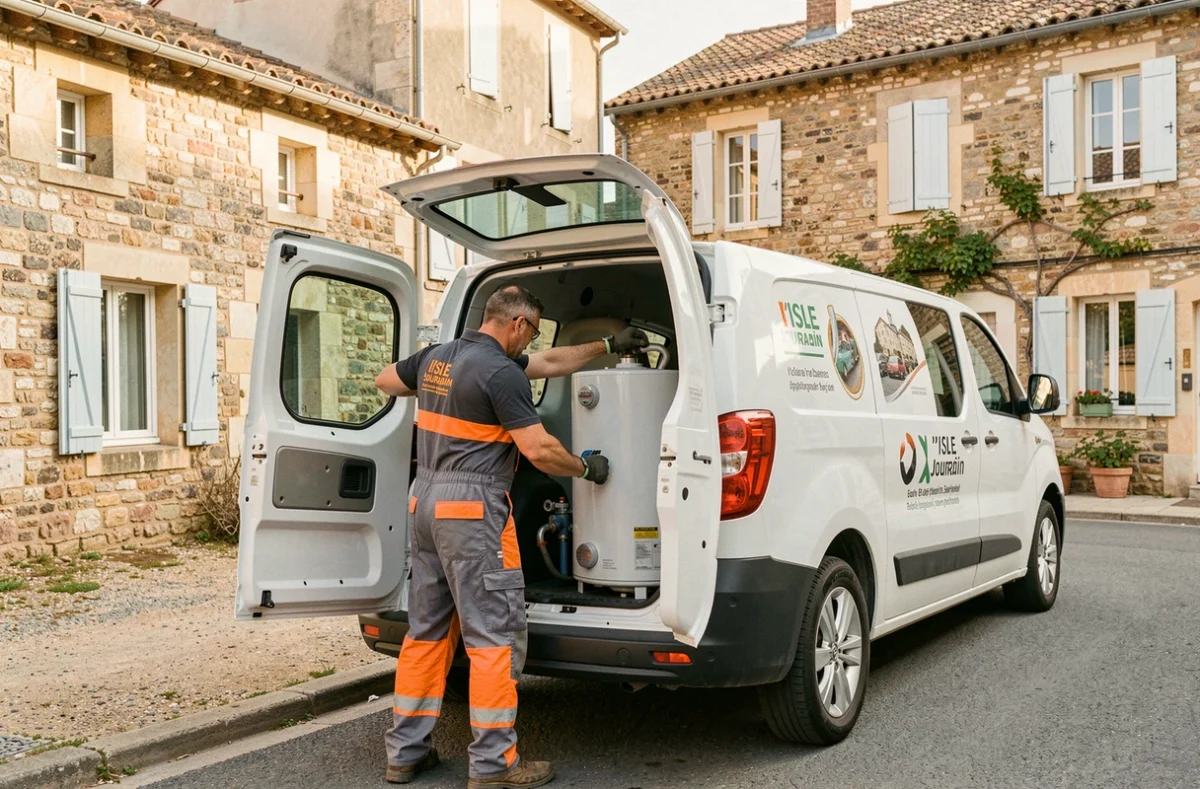 Technicien des Établissements Larrieu déchargeant du matériel de plomberie devant une maison à L'Isle-Jourdain