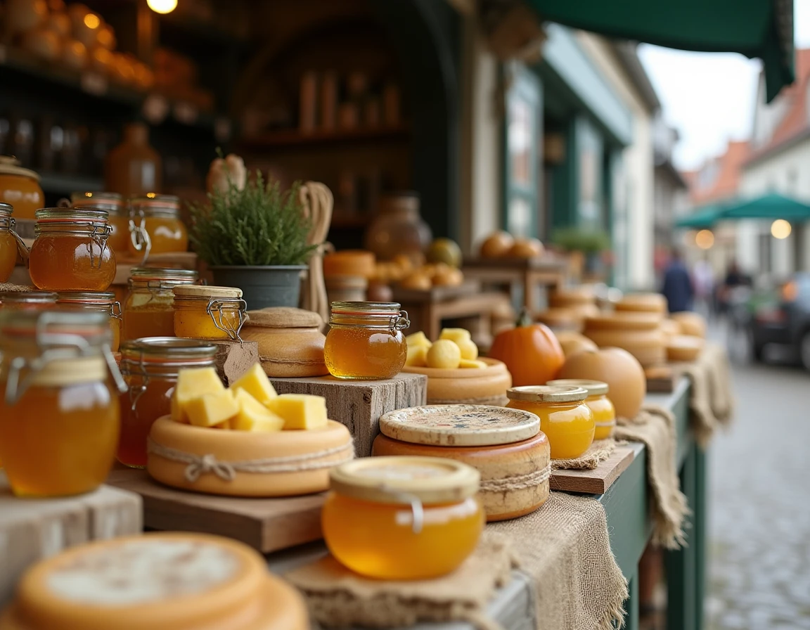 Étal de spécialités normandes au marché de Deauville avec fromages et calvados