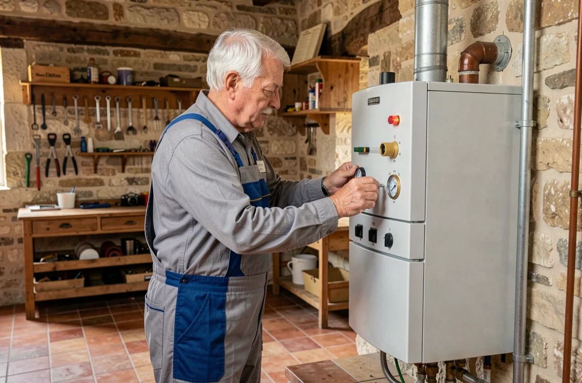 Professionnel des Ets Laffargue entretenant une chaudière à gaz dans une maison ancienne à Lectoure