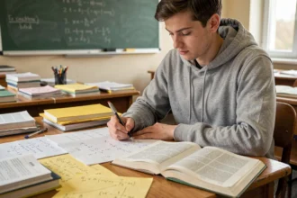 Étudiant en physique annotant des formules de force et d'unités dans un manuel universitaire posé sur un bureau en bois