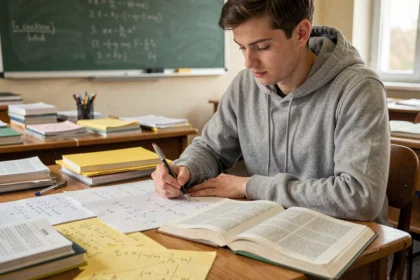 Étudiant en physique annotant des formules de force et d'unités dans un manuel universitaire posé sur un bureau en bois