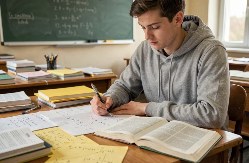 Étudiant en physique annotant des formules de force et d'unités dans un manuel universitaire posé sur un bureau en bois