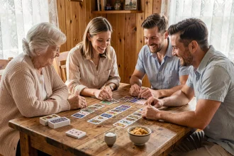 Famille réunie autour d'une table en bois pour jouer à la crapette, avec des cartes disposées en tableau et une atmosphère conviviale chaleureuse