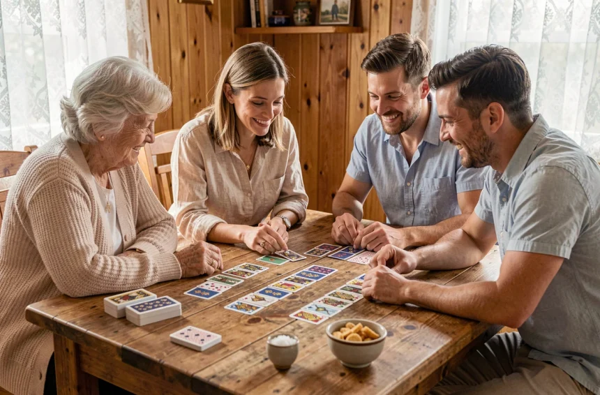 Famille réunie autour d'une table en bois pour jouer à la crapette, avec des cartes disposées en tableau et une atmosphère conviviale chaleureuse
