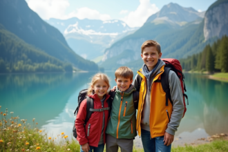 Famille souriante au bord d'un lac en Suisse avec montagnes
