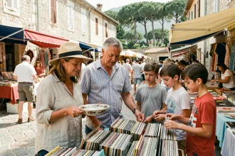 Famille en train de chiner dans un vide-grenier en plein air des Alpes-Maritimes par une journée ensoleillée