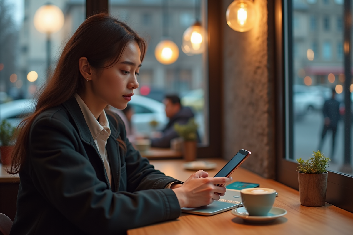 Jeune femme utilisant une application bancaire sur smartphone au café