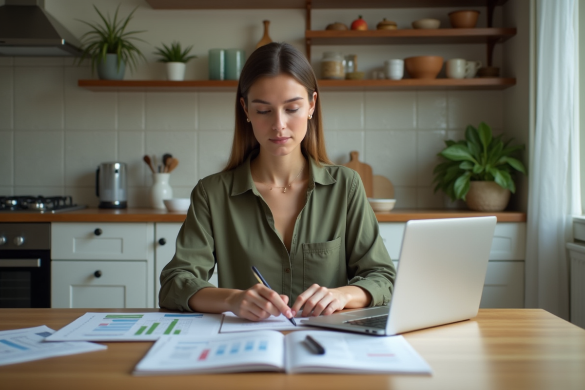 Jeune femme à la maison calcule ses dépenses sur papier et ordinateur