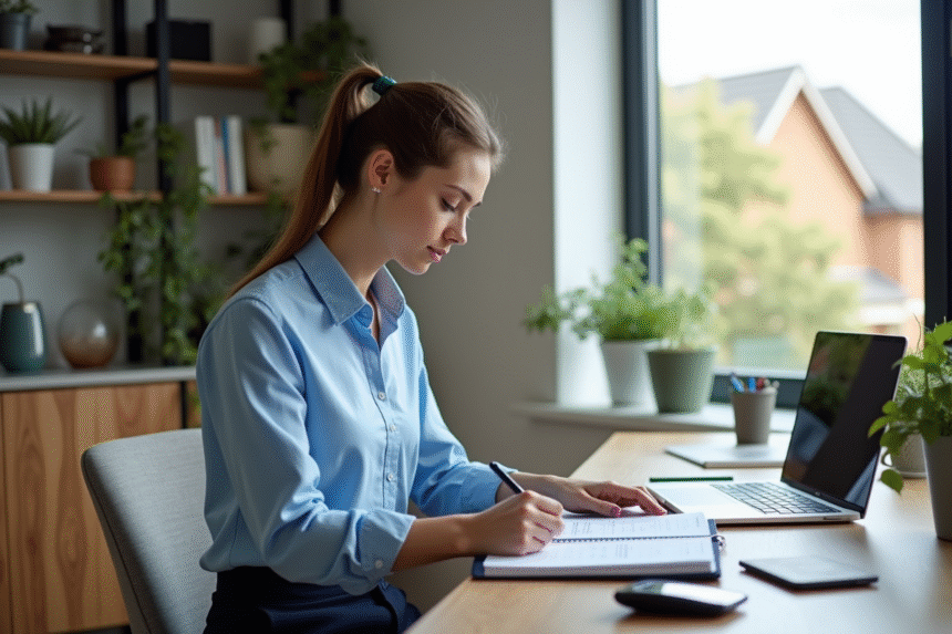 Jeune femme au bureau organisant ses papiers et notes